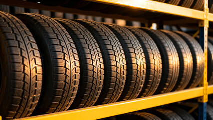 Get ready for winter with these durable tires neatly stacked on a yellow rack, perfect for automotive sales or garage inventory