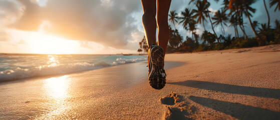 Runner jogging along a tropical beach at sunset with palm trees