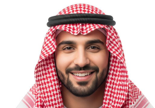 Smiling middle eastern man wearing traditional red and white keffiyeh headscarf and black agal isolated on transparent background