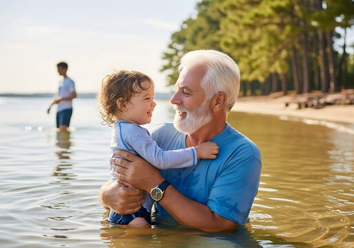 Elderly man holding a happy toddler while standing in shallow lake water, warm family moment at the beach with nature scenery, concept of bonding, summer leisure, love, joy and outdoor lifestyle