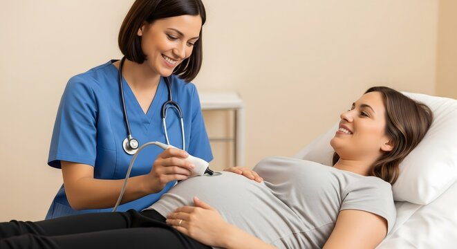 Pregnant woman receiving prenatal ultrasound exam from a healthcare professional, smiling during maternity checkup, modern medical care concept illustrating pregnancy monitoring, wellness - Powered by Adobe