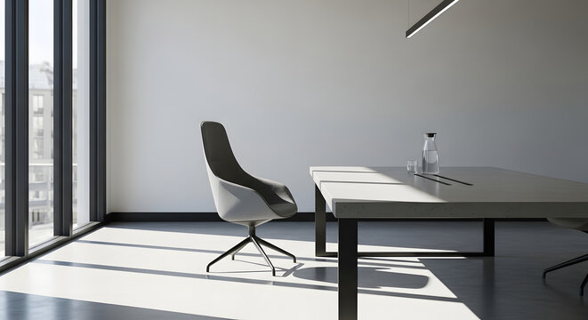 A modern conference room with a chair, table, water carafe and large windows casting shadows - Powered by Adobe