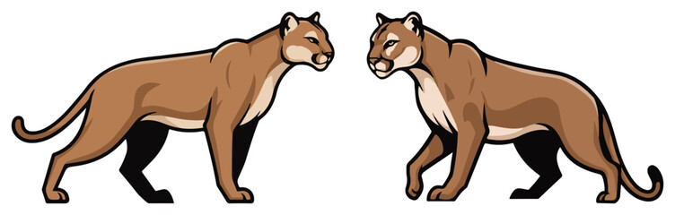 Set of two cougars or pumas facing each other vector mascot illustration