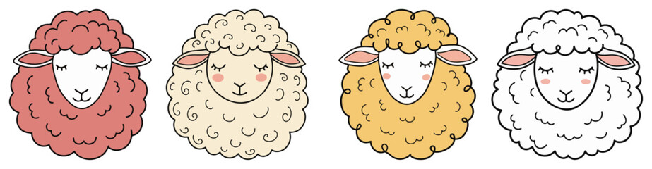Set of cute cartoon sheep heads in different pastel colors