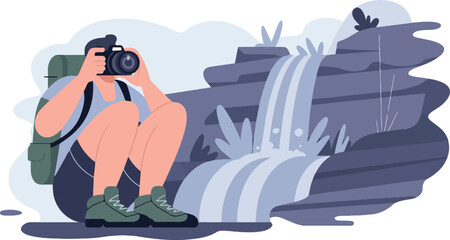 Photographer taking picture of waterfall and rocks in the forest vector illustration style graphic design element