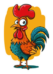 Funny colorful cartoon rooster character with crazy eyes vector mascot