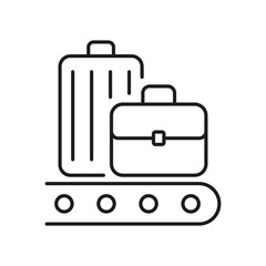 Luggage On Conveyor Belt Line Icon. Baggage Claim, Airport Luggage Handling, And Travel Logistics Outline Symbol. Efficient Travel Management. Editable Stroke. Isolated Vector Illustration