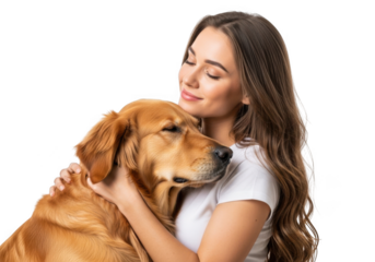 Young woman affectionately embracing a golden retriever dog with eyes closed in a tender moment isolated on transparent background
