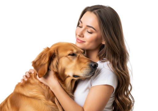 Young woman affectionately embracing a golden retriever dog with eyes closed in a tender moment isolated on transparent background