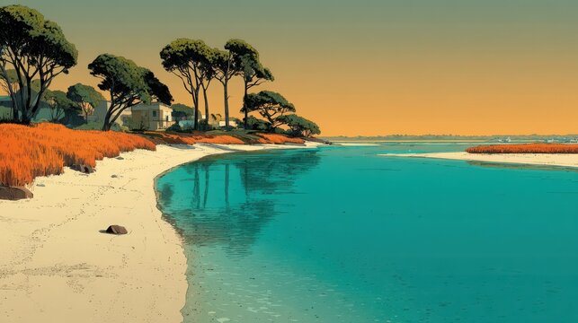 Tranquil coastal landscape with serene water and lush trees at sunset