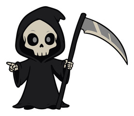 Cartoon Grim Reaper mascot with a scythe pointing forward vector illustration