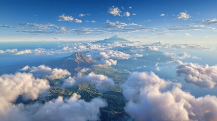 Majestic mountain peaks above clouds at sunrise. AI image