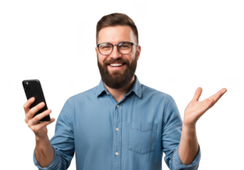 Smiling bearded man wearing glasses holding a smartphone and gesturing with his hand isolated on transparent background