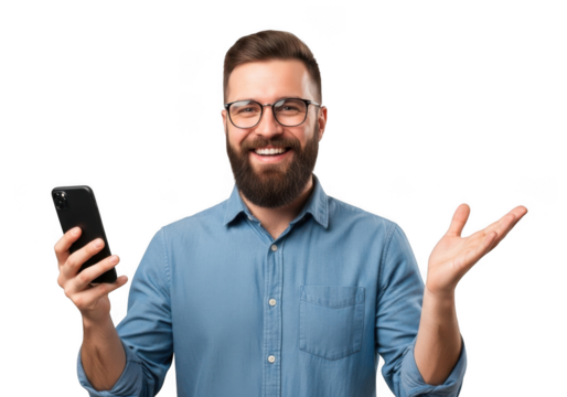 Smiling bearded man wearing glasses holding a smartphone and gesturing with his hand isolated on transparent background