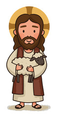 Cute cartoon Jesus Christ the Good Shepherd holding a lamb vector illustration
