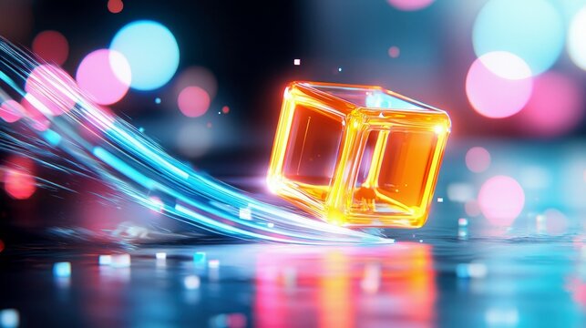 A translucent golden cube is illuminated by streaks of blue and pink light, set against a dark background with soft bokeh circles. - Powered by Adobe