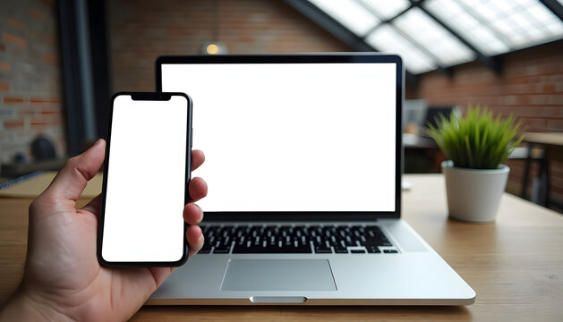 Hand holding smartphone with blank screen next to a laptop on a wooden desk