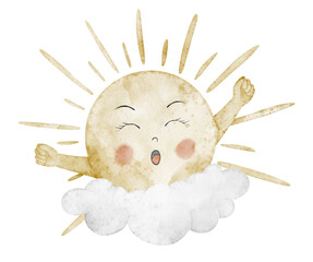 Sun watercolor illustration showing a waking sun rising from soft clouds with warm pastel rays. Drawing of sky object for nursery posers or childish greeting cards. Art of morning mood for nursery
