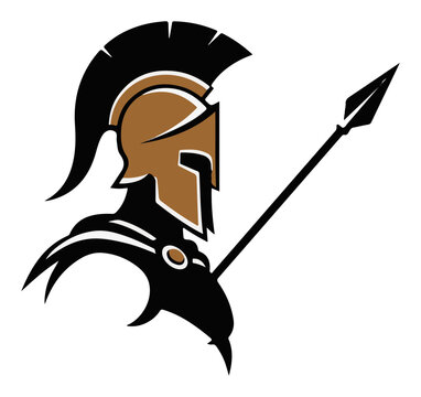 Spartan warrior profile with helmet and spear &ndash; ancient greek hoplite mascot logo vector illustration