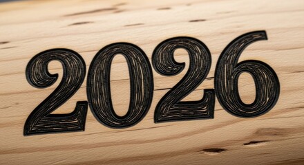 Engraved Year 2026 on Wooden Surface Texture Background