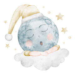 Obraz premium Moon watercolor illustration with a sleepy lunar face resting on clouds, surrounded by stars and pastel tones. Drawing of sky object for bedtime nursery posters or dreamy night designs