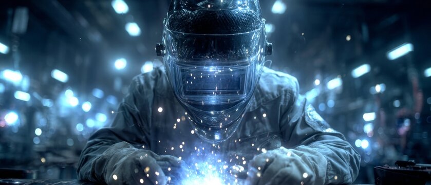 Revolutionizing production lines: the role of robotics in auto industry. Promotional poster. Welding wonders: an engineer interacts with advanced robotics. Blockbuster poster. Movie artwork.