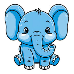 Fototapeta premium Cute Blue Baby Elephant Sitting On White Background With Big Ears and Expressive Eyes Isolated Cartoon Character