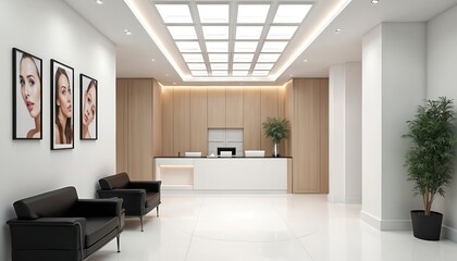 Fototapeta premium Modern interior of aesthetic clinic with reception desk, chairs. Pictures of faces on wall in doctor office. Minimalist design features wood panels, white walls, tiled floor. Plants adds touch of