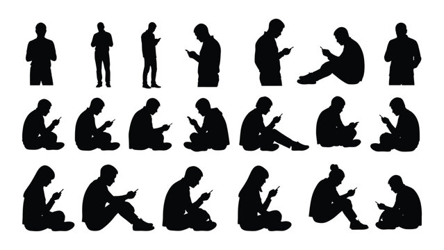 Silhouettes of people engaged with mobile phones isolated on white background, Vector