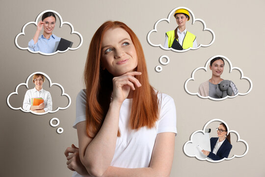 Young woman thinking about career options on grey background. Thought bubbles with people of different occupations around her. Choice of profession