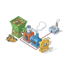 Obraz premium Sustainable Energy Icon Collection Isometric waste-to-energy plant illustration showing organic refuse conversion into clean power using industrial machinery