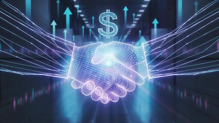 Futuristic wireframe hands shaking beneath a glowing dollar symbol with rising arrows and digital market indicators, creating a dynamic finance and business agreement atmosphere. - Powered by Adobe