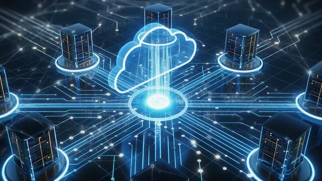 Digital cloud hovering at the center of a glowing network of connected servers inside a futuristic data environment, representing advanced cloud computing infrastructure.