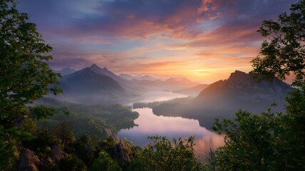 Serene mountain lake at sunrise. AI image