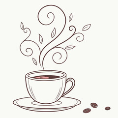 Coffee cup with steam and coffee beans isolated on