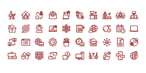 Working from home icon set. Containing remote working, freelance, hybrid work, digital nomad, office, work at home and more. Editable line icons. Vector illustration.