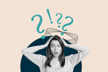 Collage showing man woman and question marks symbolizing curiosity doubt and search for meaning or...