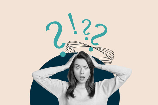 Collage showing man woman and question marks symbolizing curiosity doubt and search for meaning or answers - Powered by Adobe