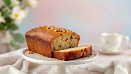 A freshly baked loaf of banana bread with walnuts, sliced and served on a white cake stand with a cup of tea in the background.