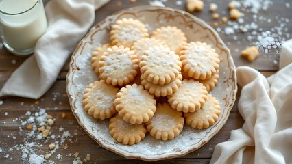 A rustic plate of homemade shortbread cookies dusted with powdered sugar next to a glass of milk.