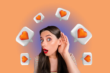 Pop image sketch 3d collage poster of happy girl guy receive like reaction popular blog feedback social media bubble donation