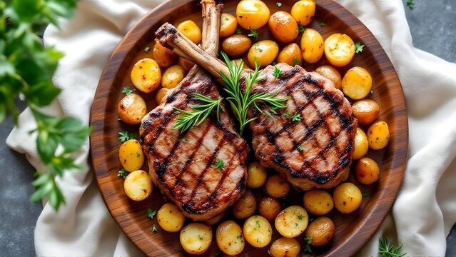 Grilled tomahawk pork chops served on a wooden plate with roasted baby potatoes and fresh herbs. - Powered by Adobe