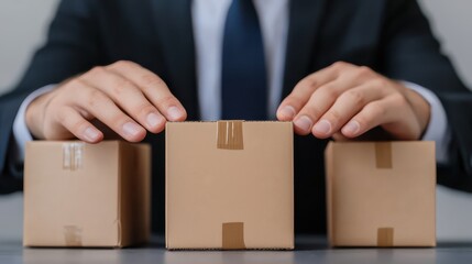 A businessman in a suit is placing his hands over three cardboard boxes, suggesting an emphasis on packaging or product selection.