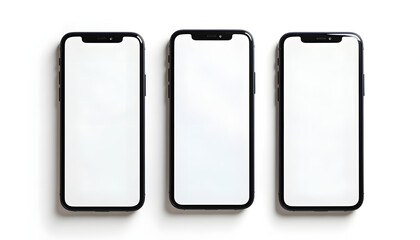 Three smartphones with blank screens on a white background, top view