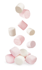 Fresh mallows falling onto heap on white background