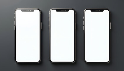 Three modern smartphones with blank screens on a dark gray surface