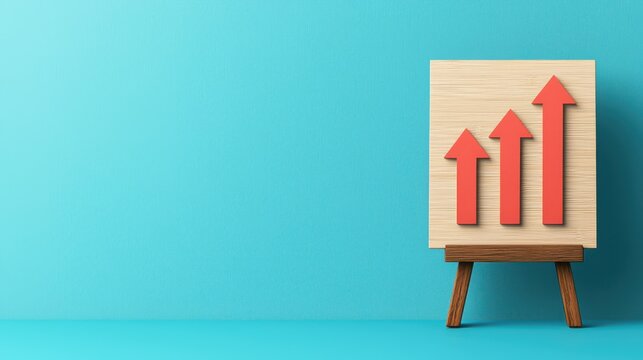 A minimalist chart illustration with three upward arrows on a wooden board against a bright blue background, symbolizing growth or progress.