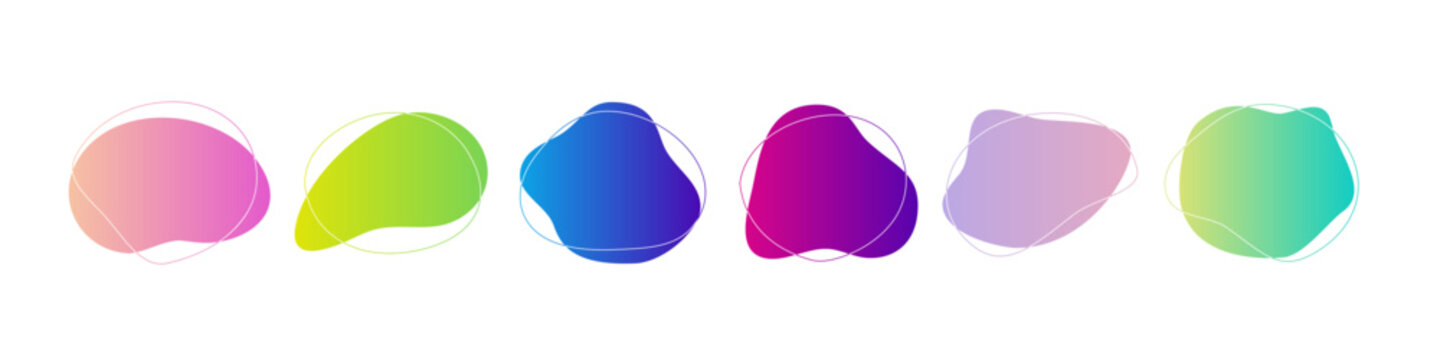 Abstract organic shapes. Liquid blobs in various neon colors. Fluid geometric irregular figures. Trendy vector illustrations set isolated on transparent background