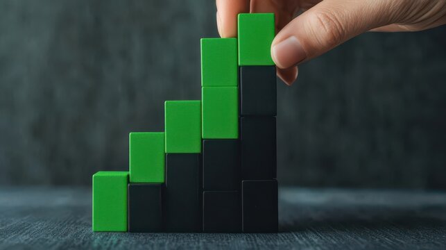A hand adjusts building blocks to create an ascending bar chart, symbolizing growth and progress in a business or financial context.