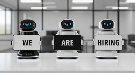 Robots Hiring Concept – Futuristic Recruitment Copy Space Poster, robot hiring, futuristic recruitment, AI hiring, recruitment poster, hiring concept, copy space design, robot workforce, digital hire
